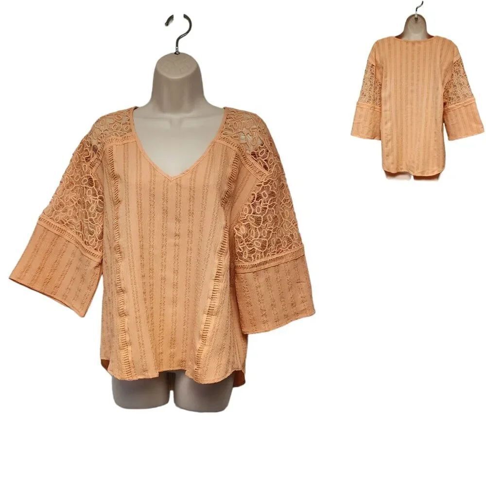 Marc New York Andrew Marc Peach 3/4 Lace Sleeve V-Neck Blouse Top Size M